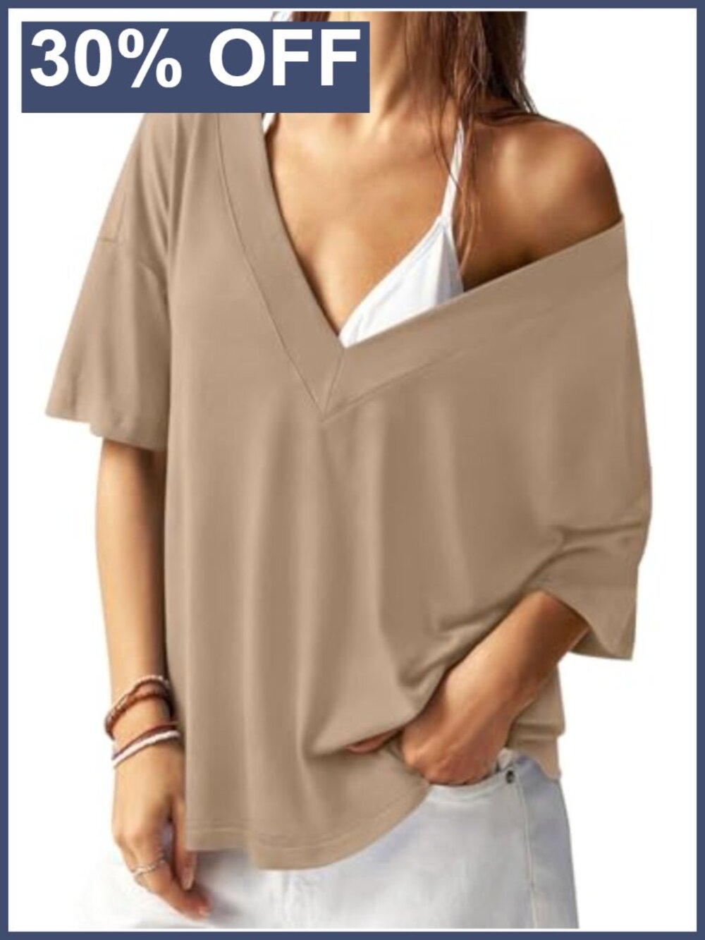 Oversized V-Neck Tee Drop Shoulder Contrast Stitching Loose Fit Short Sleeve